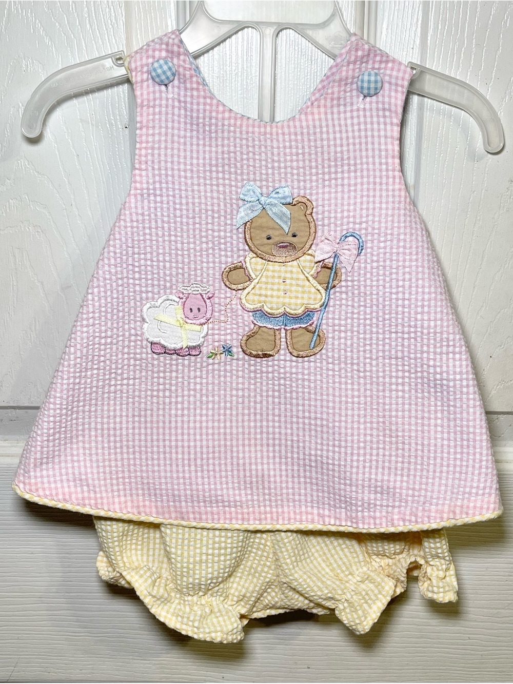 Vintage 1999 Austin & Ashley Baby Girl Bear Gingham Dress Bloomers 6M